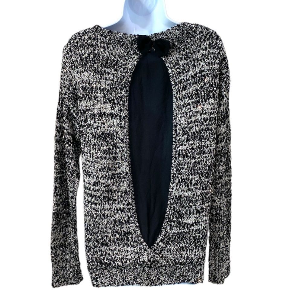 Cartise Black Knit Silver Sequin Sweater With Open Mesh Cutout In Back